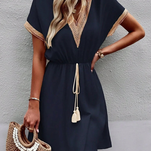 Navy Blue Casual Women's Stylish Summer V-Neck Fringed Belted Dress - Picture 6 of 7